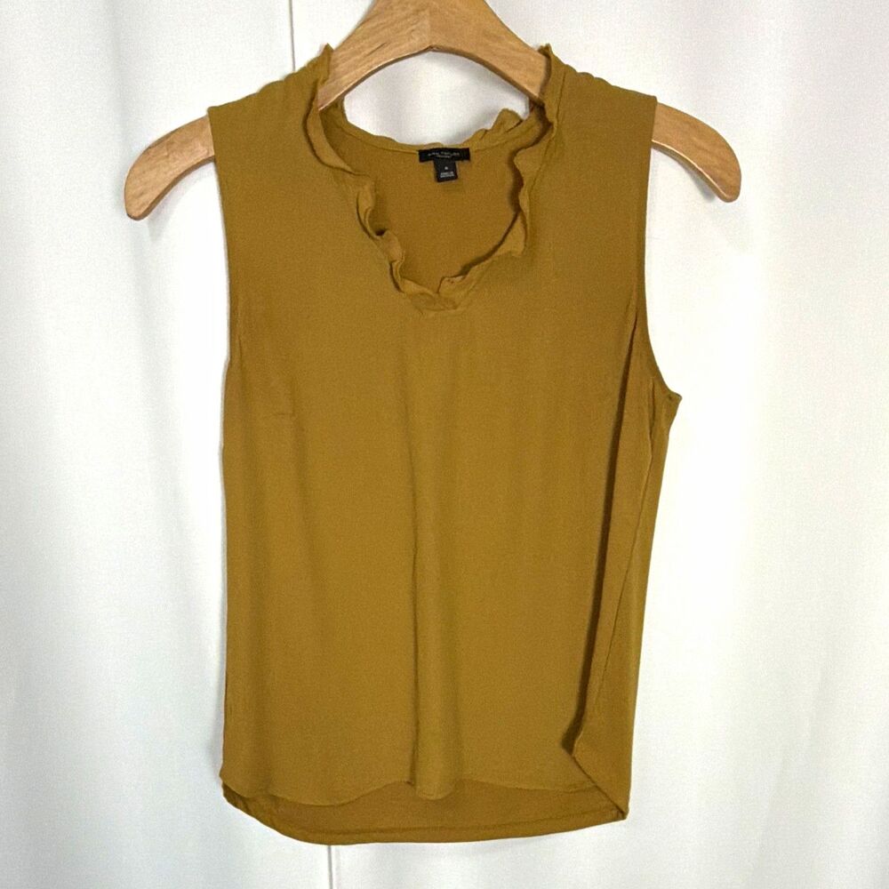 Ann Taylor Factory Women’s M Mustard Solid Crew Neck Ruffle Sleeveless Tank